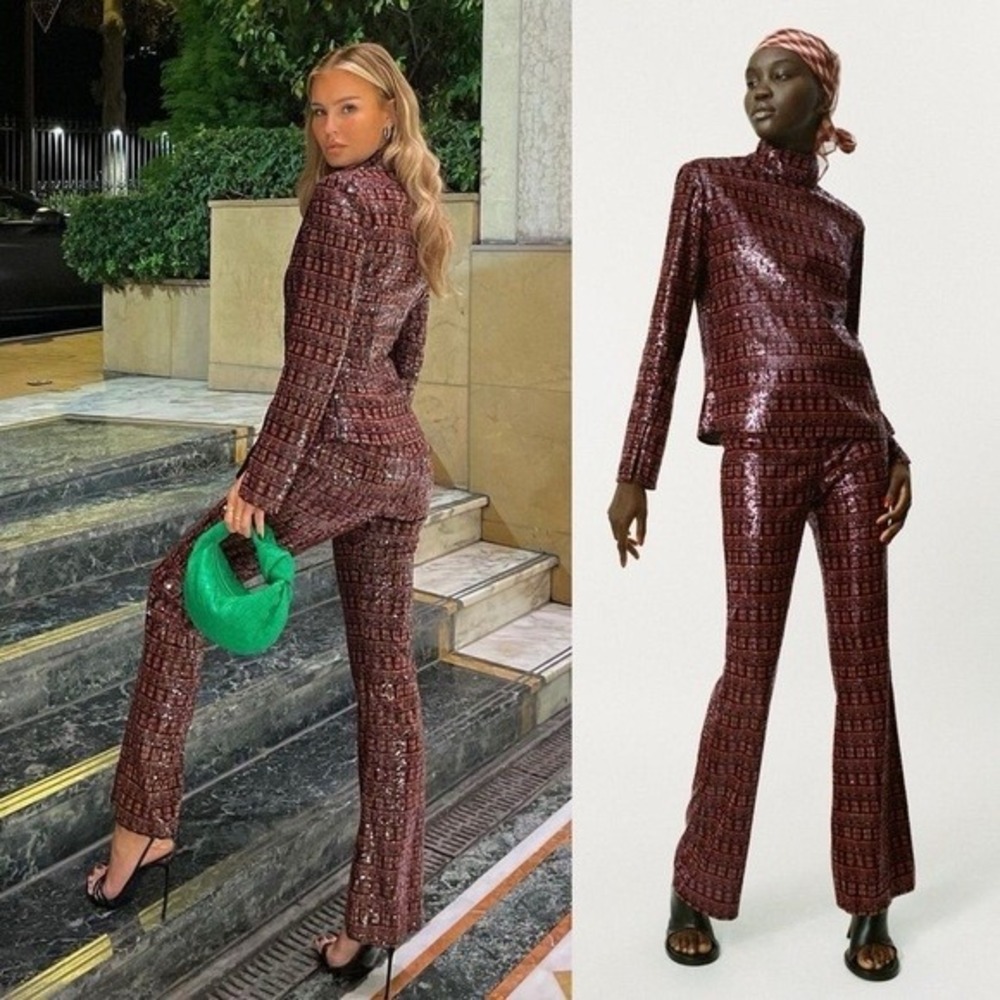 $75 ZARA Sequin Flare Pants Glitter Disco Party Night Out Trousers XS